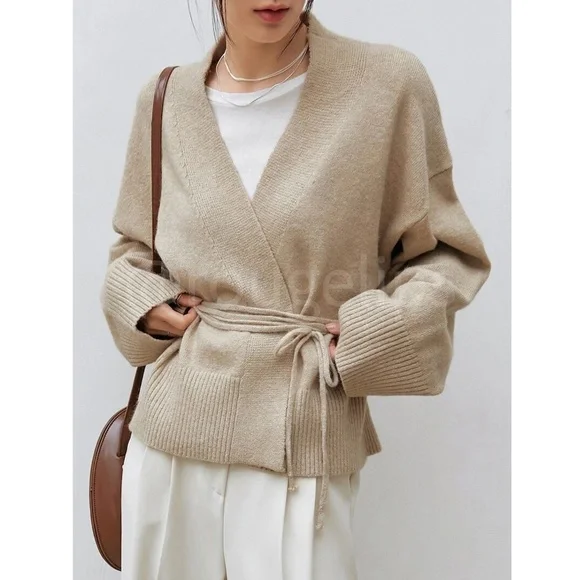 Oatmeal Beige Knit Kimono Sweater Tie Belt Boxy Loose Fit Drop Shoulder Wrap - Picture 7 of 12